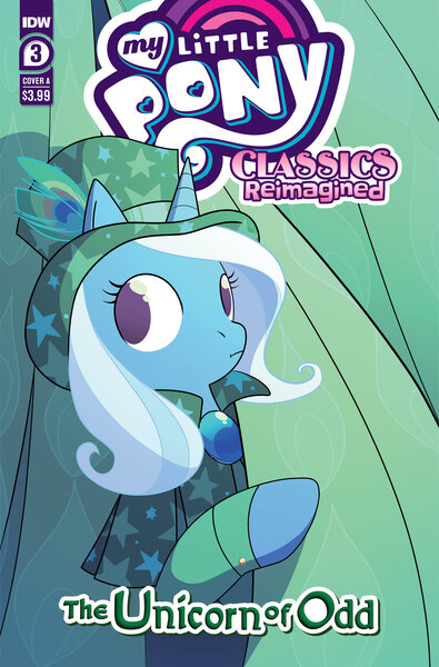 Size: 2063x3131 | Tagged: safe, artist:jenna ayoub, derpibooru import, idw, official, trixie, pony, unicorn, spoiler:comic, clothes, comic, comic cover, curtains, emerald castle, emerald city, female, g4, hat, hiding, high res, image, jpeg, mare, my little pony classics reimagined: the unicorn of odd, my little pony logo, official comic, oz, royal palace of oz, scrunchy face, solo, speech bubble, the unicorn of odd, the wizard of oz, top hat, unshorn fetlocks