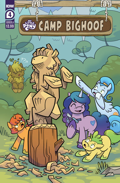 Size: 2063x3131 | Tagged: safe, artist:kate sherron, derpibooru import, idw, official, izzy moonbow, earth pony, pegasus, pony, unicorn, g5, spoiler:comic, spoiler:comiccampbighoof4, spoiler:g5, spoiler:g5comic, bighoof (g5), bush, camp bighoof, colored hooves, colt, comic cover, creature, cryptid, eyes closed, female, filly, foal, hammer, hiding, high res, hoof hold, image, jpeg, log, male, mare, monster, my little pony logo, official comic, open mouth, open smile, pointing, question mark, scared, smiling, statue, tools, unaware, unshorn fetlocks