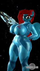 Size: 1080x1920 | Tagged: suggestive, artist:thunder-blur, derpibooru import, oc, oc:thunder blur, anthro, 3d, big breasts, bodysuit, breasts, clothes, female, gun, hand on hip, huge breasts, image, jpeg, metroid, skintight clothes, solo, solo female, space, weapon, zero suit