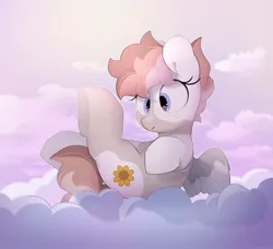 Size: 3035x2766 | Tagged: safe, artist:mochi_nation, derpibooru import, oc, oc:sunrich maron, unofficial characters only, pegasus, pony, cloud, coat markings, eye clipping through hair, female, freckles, image, jpeg, mare, on a cloud, sitting, sitting on cloud, solo, underhoof