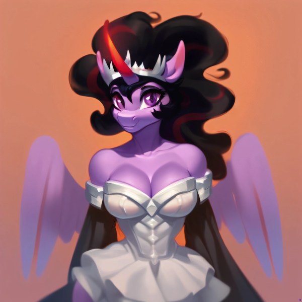 Size: 3072x3072 | Tagged: questionable, derpibooru import, machine learning generated, stable diffusion, alicorn, anthro, ai content, big breasts, breasts, cleavage, clothes, crown, detached sleeves, ethereal hair, ethereal mane, fusion:king sombra, fusion:twilight sparkle, generator:pony diffusion v5, generator:purplesmart.ai, horn, image, jewelry, looking at you, png, red horn, regalia, smiling, smiling at you, white dress, wings