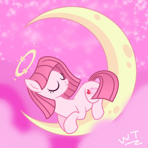 Size: 1280x1280 | Tagged: safe, artist:teahie821, derpibooru import, oc, oc:annisa trihapsari, unofficial characters only, earth pony, pony, angel, cute, eyes closed, image, jpeg, lullaby, moon, night, ocbetes, pink background, signature, simple background, sky, sleeping, solo