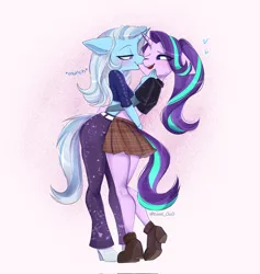 Size: 1942x2048 | Tagged: safe, artist:tomi_ouo, derpibooru import, starlight glimmer, trixie, anthro, plantigrade anthro, unicorn, biting, blushing, clothes, duo, duo female, eye clipping through hair, eyebrows, eyebrows visible through hair, female, floppy ears, hand on waist, heart, horn, horns are touching, hug, image, jpeg, lesbian, lidded eyes, midriff, one eye closed, open mouth, open smile, pants, shipping, shoes, skirt, smiling, startrix