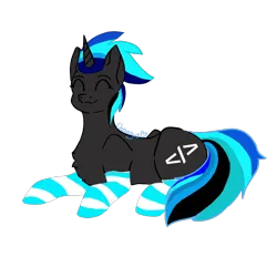 Size: 1080x1080 | Tagged: safe, artist:chongus, derpibooru import, oc, oc:source code, pony, clothes, female, horn, image, lying down, mare, png, signature, simple background, smiling, socks, striped socks, transparent background