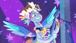 Size: 3072x1727 | Tagged: safe, derpibooru import, screencap, pegasus, pony, g5, my little pony: tell your tale, spoiler:g5, spoiler:my little pony: tell your tale, spoiler:tyts01e56, diva and conquer, electric guitar, grin, guitar, image, jam donut, jpeg, male, musical instrument, smiling, solo, spread wings, stallion, wings