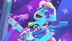 Size: 3072x1727 | Tagged: safe, derpibooru import, screencap, pegasus, pony, g5, my little pony: tell your tale, spoiler:g5, spoiler:my little pony: tell your tale, spoiler:tyts01e56, diva and conquer, electric guitar, eyes closed, fretlock, glasses, guitar, image, jpeg, male, microphone, microphone stand, musical instrument, open mouth, open smile, smiling, solo, stallion