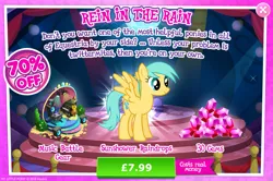 Size: 1960x1300 | Tagged: safe, derpibooru import, official, sunshower raindrops, pegasus, pony, advertisement, bush, costs real money, english, female, gameloft, gem, image, jpeg, mare, mobile game, my little pony: magic princess, numbers, sale, solo, solo focus, spread wings, text, wings