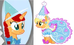Size: 1263x782 | Tagged: safe, derpibooru import, applejack, ponified, earth pony, pony, unicorn, applejack also dresses in style, beautiful, bow, clothes, confused, dress, duo, duo female, ear piercing, female, flower, flower in hair, froufrou glittery lacy outfit, hat, hennin, image, jewelry, macy halbert, mirror, necklace, nexo knights, piercing, png, pretty, princess, princess applejack