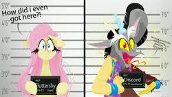 Size: 4096x2309 | Tagged: safe, artist:natalysweeneya1, derpibooru import, discord, fluttershy, pegasus, antlers, barbie (film), barbie mugshot meme, clothes, duo, duo male and female, exclamation point, eyelashes, female, handsome, horn, image, implied discoshy, implied shipping, implied straight, jpeg, male, meme, messy mane, mugshot, question mark, snaggletooth, talking, text, tired, tongue out