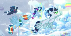 Size: 750x377 | Tagged: safe, artist:onyxdreamyt, derpibooru import, rainbow dash, soarin', oc, pegasus, pony, cloudsdale, colt, family, female, filly, flying, foal, image, jpeg, male, mare, offspring, parent:rainbow dash, parent:soarin', parents:soarindash, shipping, soarindash, stallion, straight