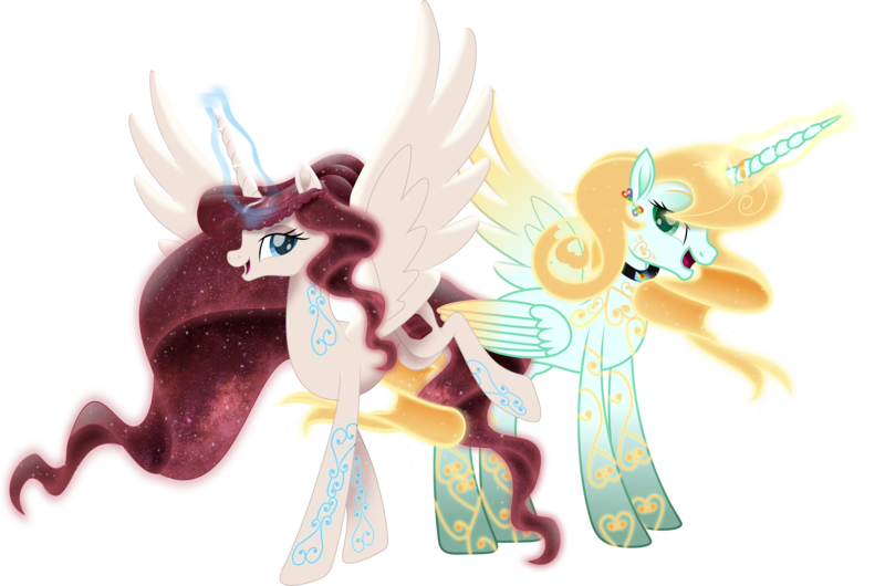 Size: 13616x9023 | Tagged: safe, artist:lincolnbrewsterfan, derpibooru import, oc, oc:iridia, oc:rosetta, ponified, unofficial characters only, alicorn, pony, my little pony: the movie, .svg available, alicorn oc, aura, blonde hair, blonde mane, blonde tail, blue eyes, bonnie zacherle, braid, choker, coat markings, colored wings, commissioner:dust rock, crossover, duet, duo, duo female, ear piercing, earring, ethereal hair, ethereal mane, ethereal tail, female, flourish, flourishes, folded wings, galaxy, galaxy mane, galaxy tail, gem, glow, glowing mane, glowing tail, god empress of ponykind, gold, gradient wings, hair bun, heart, highlights, horn, horn ring, hourglass, image, inkscape, inspired by another artist, jewelry, lauren faust, long horn, long mane, long tail, looking at you, magic, magic aura, mane, mare, movie accurate, my little pony, one wing out, peytral, piercing, png, prancing, rainbow, red mane, red tail, redesign, regal, regalia, reimagined, remastered, ring, sand, shading, smiling, smiling at you, spread wings, starry mane, starry tail, swirls, swirly markings, tail, tail wrap, tall, touching wings, translucent mane, vector, warhammer (game), warhammer 40k, waving, wings, yellow hair, yellow mane, yellow tail