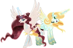 Size: 13616x9023 | Tagged: safe, artist:lincolnbrewsterfan, derpibooru import, oc, oc:iridia, oc:rosetta, ponified, unofficial characters only, alicorn, pony, my little pony: the movie, .svg available, alicorn oc, aura, blonde hair, blonde mane, blonde tail, blue eyes, bonnie zacherle, braid, choker, coat markings, colored wings, commissioner:dust rock, crossover, duet, duo, duo female, ear piercing, earring, ethereal hair, ethereal mane, ethereal tail, female, flourish, flourishes, folded wings, galaxy, galaxy mane, galaxy tail, gem, glow, glowing mane, glowing tail, god empress of ponykind, gold, gradient wings, hair bun, heart, highlights, horn, horn ring, hourglass, image, inkscape, inspired by another artist, jewelry, lauren faust, long horn, long mane, long tail, looking at you, magic, magic aura, mane, mare, movie accurate, my little pony, one wing out, peytral, piercing, png, prancing, rainbow, red mane, red tail, redesign, regal, regalia, reimagined, remastered, ring, sand, shading, smiling, smiling at you, spread wings, starry mane, starry tail, swirls, swirly markings, tail, tail wrap, tall, touching wings, translucent mane, vector, warhammer (game), warhammer 40k, waving, wings, yellow hair, yellow mane, yellow tail