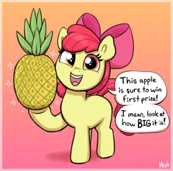 Size: 1544x1528 | Tagged: safe, artist:heretichesh, derpibooru import, apple bloom, earth pony, pony, female, filly, foal, food, gradient background, image, open mouth, pineapple, png, solo, speech bubble, text