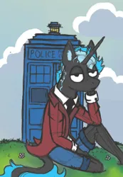 Size: 2126x3071 | Tagged: safe, artist:hrabiadeblacksky, derpibooru import, oc, oc:hrabia de black sky, unofficial characters only, anthro, pony, unicorn, doctor who, image, male, png, solo, stallion, tardis