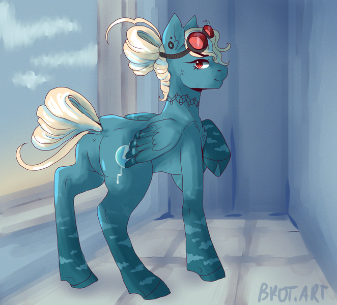 Size: 2327x2108 | Tagged: questionable, artist:brot-art, derpibooru import, oc, oc:haywire, unofficial characters only, pegasus, pony, alternate design, anus, background, blue background, butt, cloud coat pattern, female, image, lesbian, magical lesbian spawn, next generation, nudity, offspring, parent:applejack, parent:rainbow dash, parents:appledash, png, raised tail, rear view, shipping, simple background, solo, tail, twitterina design, wings
