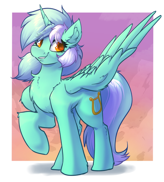 Size: 2912x3240 | Tagged: safe, artist:witchtaunter, derpibooru import, lyra heartstrings, alicorn, pony, alicornified, chest fluff, commission, ear fluff, gradient background, happy, image, looking at you, lyracorn, png, race swap, raised hoof, simple background, smiling, smiling at you, solo, spread wings, wings
