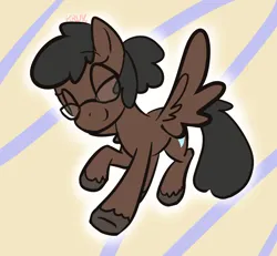Size: 3250x3000 | Tagged: safe, artist:kruvvv, derpibooru import, oc, oc:velveteen vixen softheart, unofficial characters only, fly, insect, pegasus, pony, female, flying, glasses, happy, image, mare, pegasus wings, png, raised hoof, simple background, smiling, smirk, solo, spread wings, wings, yellow background