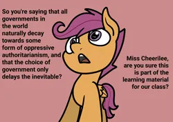 Size: 2048x1448 | Tagged: safe, artist:ewoudcponies, derpibooru import, scootaloo, pegasus, pony, authoritarianism, dialogue, female, image, implied cheerilee, mauve background, png, politics, simple background, speech, talking, text