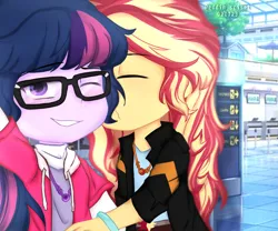 Size: 2048x1703 | Tagged: safe, artist:eddin_sciset, derpibooru import, sci-twi, sunset shimmer, twilight sparkle, equestria girls, duo, female, image, kissing, lesbian, png, scitwishimmer, selfie, shipping, sunsetsparkle