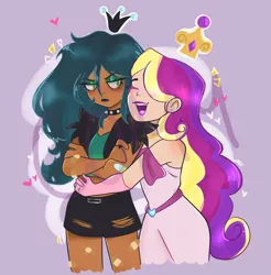 Size: 2012x2048 | Tagged: safe, artist:indigohatetrain, derpibooru import, princess cadance, queen chrysalis, human, cadalis, commission, duo, female, heart, humanized, image, infidelity, lesbian, png, shipping, simple background
