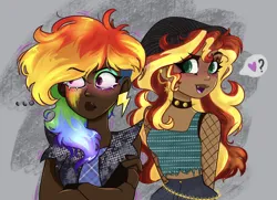 Size: 2048x1482 | Tagged: safe, artist:indigohatetrain, derpibooru import, rainbow dash, sunset shimmer, human, duo, female, humanized, image, png, punk