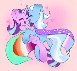 Size: 2048x1892 | Tagged: safe, artist:indigohatetrain, derpibooru import, starlight glimmer, trixie, pony, unicorn, duo, female, image, lesbian, lesbian pride flag, png, pride, pride flag, shipping, startrix, transgender pride flag