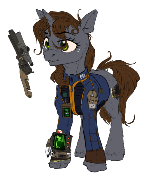 Size: 2367x2705 | Tagged: safe, artist:aviarts, derpibooru import, oc, oc:littlepip, pony, unicorn, fallout equestria, base colors, blue shirt, brown mane, brown tail, clothes, concept art, cutie mark, ear fluff, fallout, fluffy, gray coat, gun, handgun, image, jumpsuit, little macintosh, pipbuck, png, revolver, solo, stable-tec, tail, vault suit, weapon, wip
