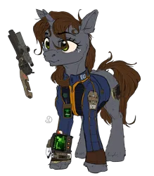 Size: 2367x2705 | Tagged: safe, artist:aviarts, derpibooru import, oc, oc:littlepip, pony, unicorn, fallout equestria, base colors, blue shirt, brown mane, brown tail, clothes, concept art, cutie mark, ear fluff, fallout, fluffy, gray coat, gun, handgun, image, jumpsuit, little macintosh, pipbuck, png, revolver, solo, stable-tec, tail, vault suit, weapon, wip