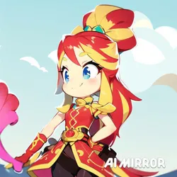 Size: 640x640 | Tagged: safe, artist:amadondawn, derpibooru import, machine learning generated, pinkie pie, sunset shimmer, equestria girls, crystal guardian, duo, image, jpeg