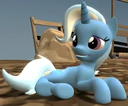 Size: 849x698 | Tagged: safe, artist:theinvertedshadow, derpibooru import, trixie, pony, unicorn, elements of insanity, 3d, an odd day for the cutie mark creeps, cute, diatrixes, disguised, female, fence, gmod, image, looking at someone, lying down, magic mare, mare, png, prone, rock, smiling, solo focus