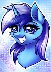 Size: 2480x3508 | Tagged: safe, artist:kruszynka25, derpibooru import, minuette, pony, unicorn, brushie, bust, cheek fluff, chest fluff, ear fluff, female, grin, image, looking at you, mare, png, portrait, shiny teeth, smiling, smiling at you, solo