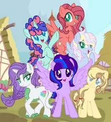 Size: 854x935 | Tagged: safe, artist:thatfandomtrash666, derpibooru import, oc, oc:dawnlight sparkle, oc:emerald gem, oc:flowershy apple, oc:gumball, oc:pastel prism, oc:sliver apple, alicorn, dracony, earth pony, hybrid, pegasus, pony, unicorn, alicorn oc, base used, colored pupils, earth pony oc, eyeshadow, female, grin, horn, image, interspecies offspring, looking at you, makeup, mare, multicolored hair, offspring, open mouth, open smile, parent:applejack, parent:big macintosh, parent:caramel, parent:flash sentry, parent:fluttershy, parent:party favor, parent:pinkie pie, parent:rainbow dash, parent:rarity, parent:soarin', parent:spike, parent:twilight sparkle, parents:carajack, parents:flashlight, parents:fluttermac, parents:partypie, parents:soarindash, parents:sparity, pegasus oc, png, ponyville, poofy mane, smiling, smiling at you, spread wings, unicorn oc, wings