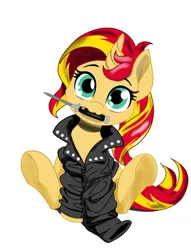 Size: 1954x2560 | Tagged: safe, artist:dstears, color edit, derpibooru import, edit, sunset shimmer, pony, unicorn, equestria girls, :3, clothes, colored, cute, female, g4, image, jacket, knife, leather, leather jacket, looking at you, mare, mouth hold, oversized clothes, png, pure unfiltered evil, shimmerbetes, simple background, sitting, solo, weapons-grade cute, white background