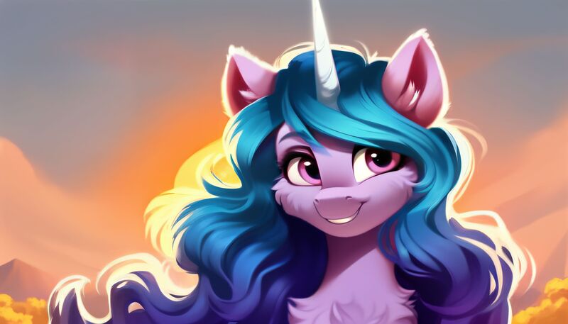 Size: 2688x1536 | Tagged: safe, derpibooru import, machine learning generated, stable diffusion, izzy moonbow, pony, unicorn, g5, ai content, cheek fluff, chest fluff, female, fluffy, generator:pony diffusion v5, image, jpeg, mare, prompter:siber, smiling, solo, sunset