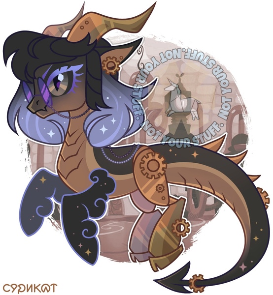 Size: 1200x1300 | Tagged: safe, artist:syriskater, derpibooru import, oc, oc:medea violet ring, unofficial characters only, original species, pony, amputee, dragon tail, ear piercing, earring, female, gears, glasses, horn, hybrid oc, image, jewelry, jpeg, mare, multiple horns, piercing, prosthetic limb, prosthetics, smoke, solo, sparkles, steampunk, tail
