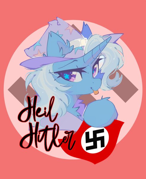 Size: 1680x2048 | Tagged: safe, artist:mirtash, edit, editor:edits of hate, trixie, pony, unicorn, clothes, female, hat, heil hitler, image, jpeg, looking at you, mare, nazi, nazi flag, solo, swastika, tongue out, trixie's hat