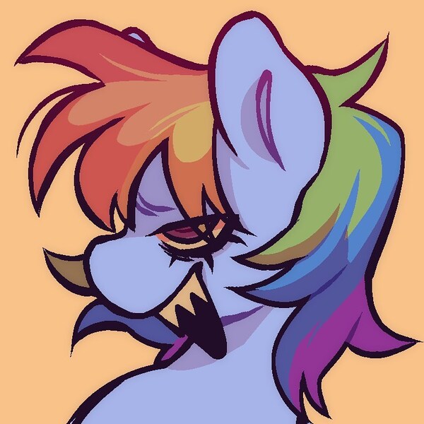 Size: 768x768 | Tagged: safe, artist:ghuoulish, derpibooru import, rainbow dash, pegasus, pony, bust, female, image, jpeg, portrait, sharp teeth, simple background, smiling, solo, solo female, teeth, yellow background