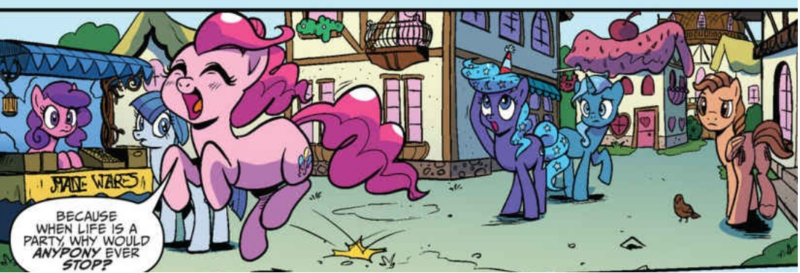 Size: 1097x374 | Tagged: safe, artist:pencils, derpibooru import, idw, pinkie pie, unnamed character, unnamed pony, earth pony, pegasus, pony, unicorn, spoiler:comic, spoiler:comic69, butt, female, image, male, mane wars, mare, plot, png, stallion