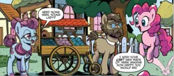 Size: 1077x469 | Tagged: safe, artist:pencils, derpibooru import, idw, pinkie pie, unnamed character, unnamed pony, earth pony, pony, spoiler:comic, spoiler:comic69, beard, bowtie, butt, clothes, elderly, facial hair, female, glasses, image, male, png, stallion, yarn