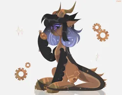 Size: 3200x2500 | Tagged: safe, artist:bassarisc, artist:crane, derpibooru import, oc, oc:medea violet ring, unofficial characters only, original species, pony, amputee, clock, clockwork, commissioner:jewellier, dragon tail, ear piercing, earring, female, gears, glasses, horn, hybrid oc, image, jewelry, mare, multiple horns, piercing, png, pocket watch, prosthetic limb, prosthetics, simple background, smoke, solo, sparkles, steampunk, tail, white background