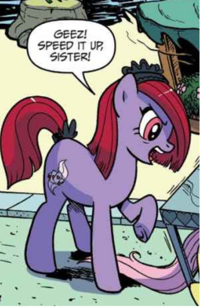 Size: 398x613 | Tagged: safe, artist:pencils, derpibooru import, idw, fluttershy, rarity, unnamed character, unnamed pony, earth pony, pony, spoiler:comic, spoiler:comic73, angry, butt, female, image, mare, open mouth, png, sitting