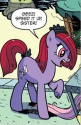 Size: 398x613 | Tagged: safe, artist:pencils, derpibooru import, idw, fluttershy, rarity, unnamed character, unnamed pony, earth pony, pony, spoiler:comic, spoiler:comic73, angry, butt, female, image, mare, open mouth, png, sitting