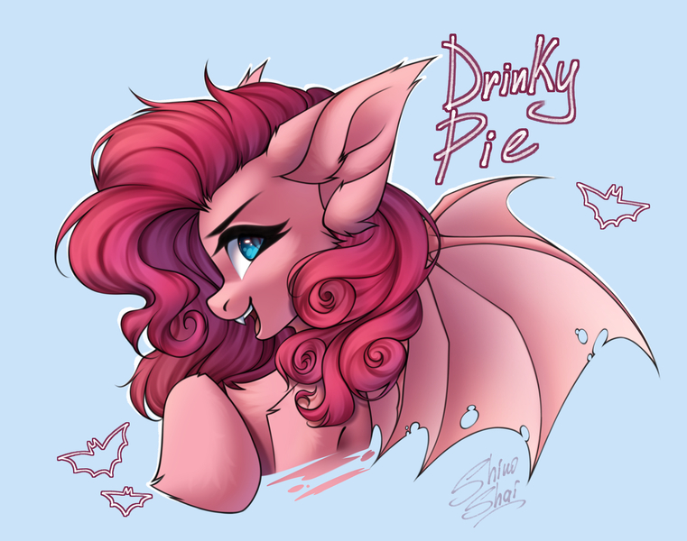 Size: 3000x2364 | Tagged: safe, artist:shinoshai, derpibooru import, pinkie pie, bat pony, pony, bat ponified, blue background, bust, fangs, image, jpeg, open mouth, open smile, pinkiebat, race swap, simple background, smiling, solo, tattered, tattered wings, wings