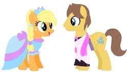 Size: 745x421 | Tagged: safe, artist:glittertiara, derpibooru import, applejack, caramel, earth pony, pony, bride, carajack, clothes, dress, female, groom, husband and wife, image, male, mare, marriage, png, shipping, simple background, stallion, straight, tuxedo, wedding, wedding dress, white background