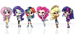Size: 1172x533 | Tagged: safe, artist:silver meadow, derpibooru import, applejack, fluttershy, pinkie pie, rainbow dash, rarity, twilight sparkle, human, applejack's hat, backwards ballcap, baseball cap, blushing, bracelet, butterfly hairpin, cap, clothes, cowboy hat, cute, dress, feather, female, happy, hat, humanized, image, jacket, jewelry, jpeg, mane six, one eye closed, open mouth, open smile, reflection, shorts, simple background, skirt, smiling, socks, striped socks, white background