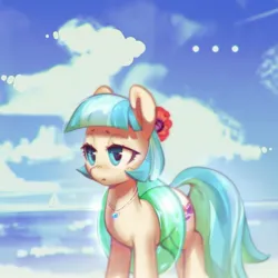 Size: 2048x2048 | Tagged: safe, artist:mirroredsea, derpibooru import, coco pommel, earth pony, pony, ..., beach, female, flower, flower in hair, image, inflatable toy, jewelry, jpeg, necklace, sailboat, solo