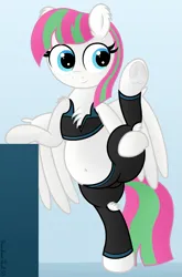 Size: 2597x3923 | Tagged: safe, artist:rainbowšpekgs, derpibooru import, blossomforth, pegasus, pony, belly, belly button, chest fluff, chubby, clothes, cute, female, flexible, freckles, frog (hoof), hooves, image, leggings, png, short shirt, smiling, spread wings, stretching, that pony sure is flexible, underhoof, wings