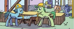 Size: 945x374 | Tagged: safe, artist:pencils, derpibooru import, idw, earth pony, pegasus, pony, unicorn, spoiler:comic, spoiler:comic94, comic, concerned, eyes closed, female, hat, image, log, male, mare, open mouth, png, saw, season 10, stallion
