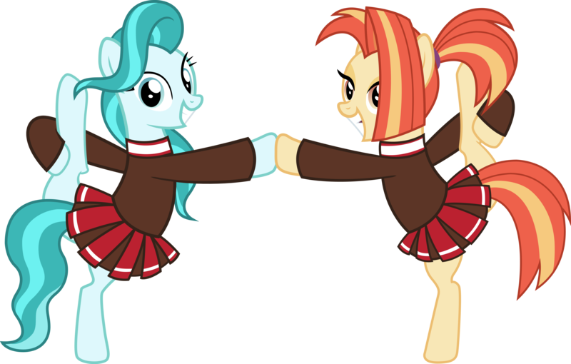 Size: 6282x4008 | Tagged: safe, artist:surprisepi, derpibooru import, lighthoof, shimmy shake, earth pony, pony, 2 4 6 greaaat, absurd resolution, bipedal, cheerleader, clothes, cute, duo, female, flexible, grin, image, lightorable, mare, png, raised hoof, raised leg, shakeabetes, simple background, smiling, transparent background, vector