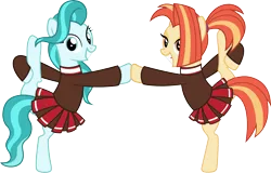 Size: 6282x4008 | Tagged: safe, artist:surprisepi, derpibooru import, lighthoof, shimmy shake, earth pony, pony, 2 4 6 greaaat, absurd resolution, bipedal, cheerleader, clothes, cute, duo, female, flexible, grin, image, lightorable, mare, png, raised hoof, raised leg, shakeabetes, simple background, smiling, transparent background, vector